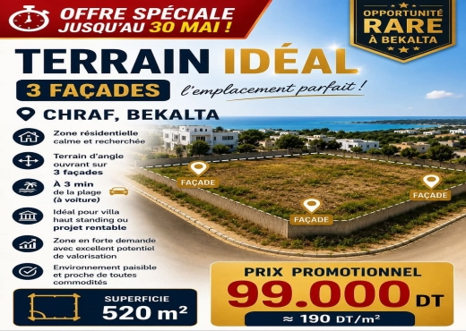 A Vendre Terrain à Charaf  Bkalta - Bien immobilier à {"id":15,"country_id":219,"name":"MONASTIR","slug":"monastir"} - Agence Immobilière immo\'in